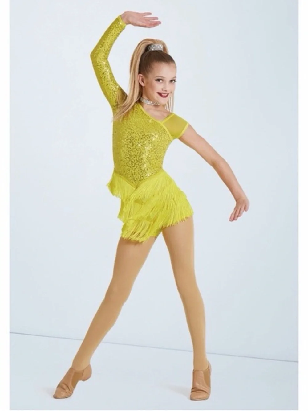 Weissman Yellow Sequin Fringe One-Shoulder Dance Costume
